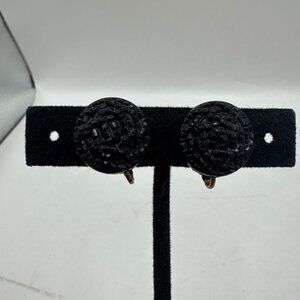 Vintage Black Clip-On Earrings With Textured Design & Brass Hardware